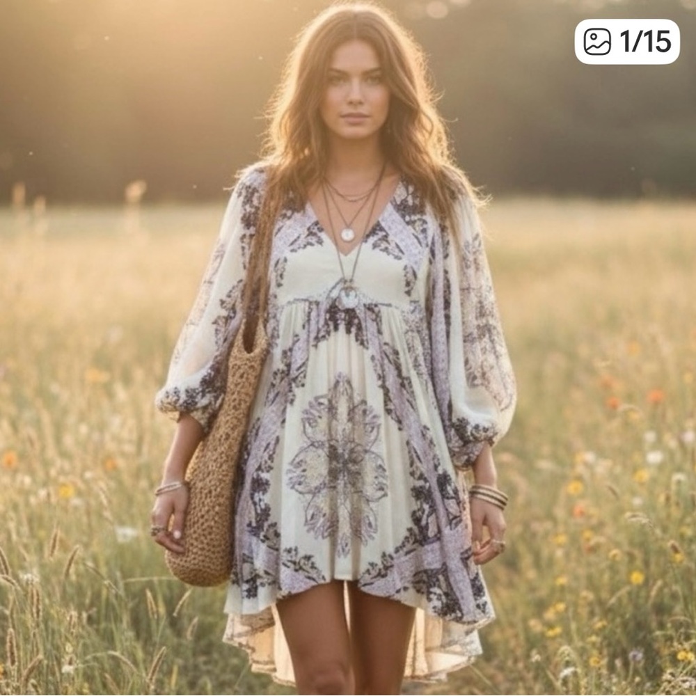 Free People Girl Talk Ivory V Neck Tunic. BOHO flowy